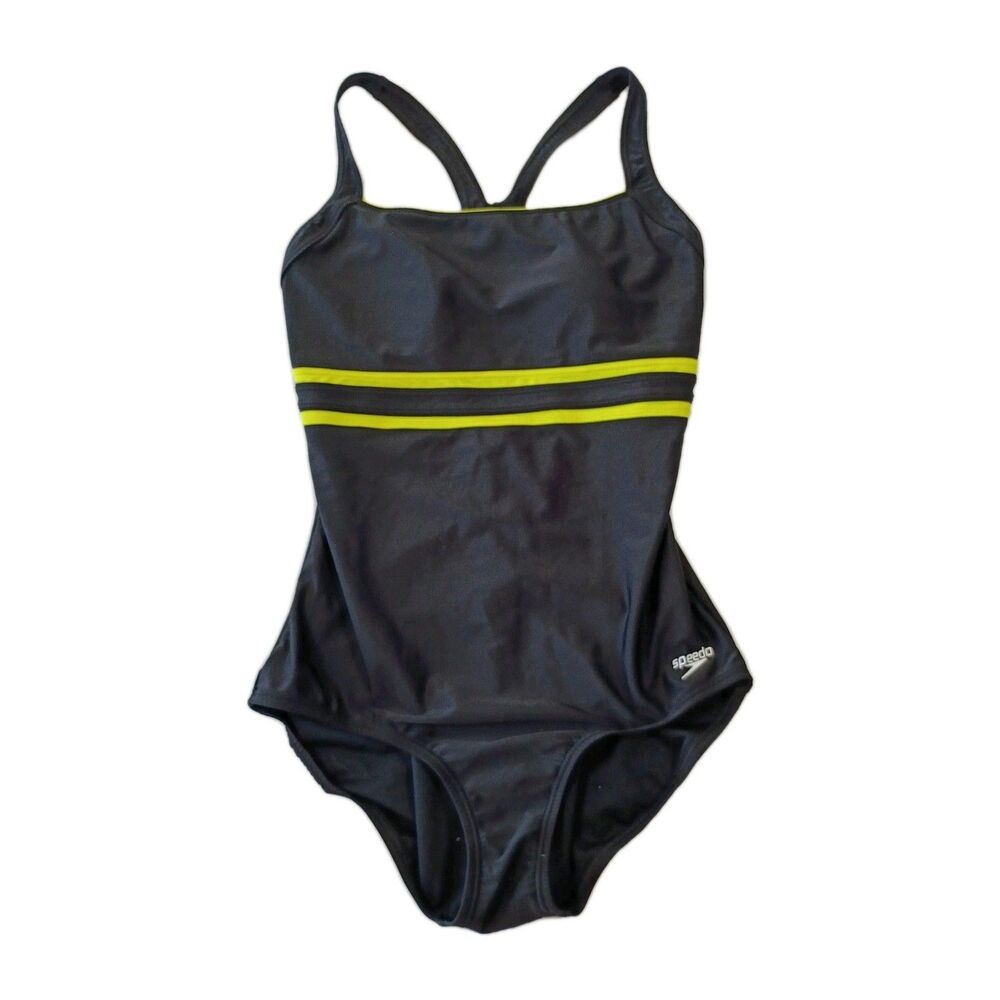 Speedo Colorblock Lime Ultraback One-Piece Swimsuit 12 Black Neon Yellow 723058K